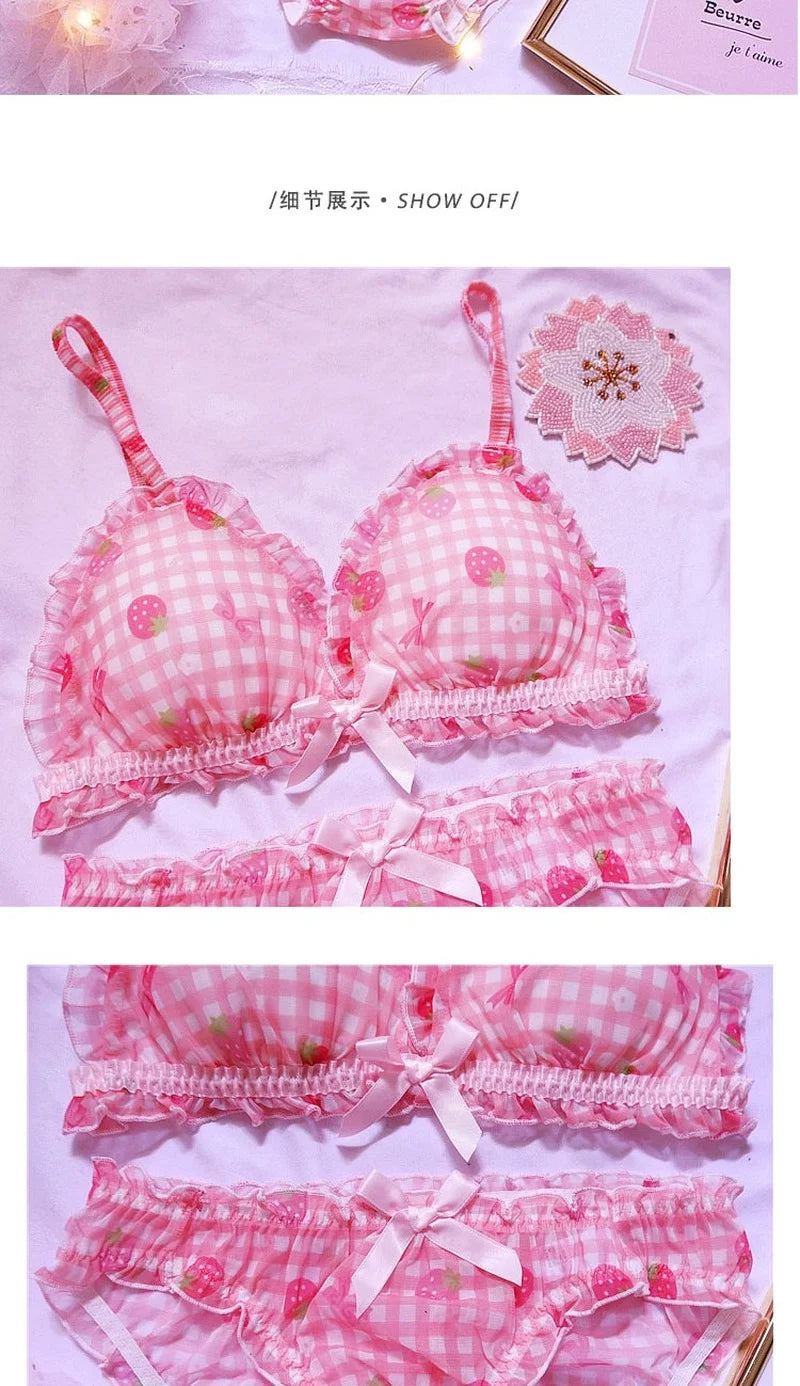 Süßes japanisches BH- und Slip-Unterwäsche-Set Lolita-Mädchen Rosa kariertes Blumen-Mesh Sexy Erdbeer-Print-BH & Höschen Dessous-Set