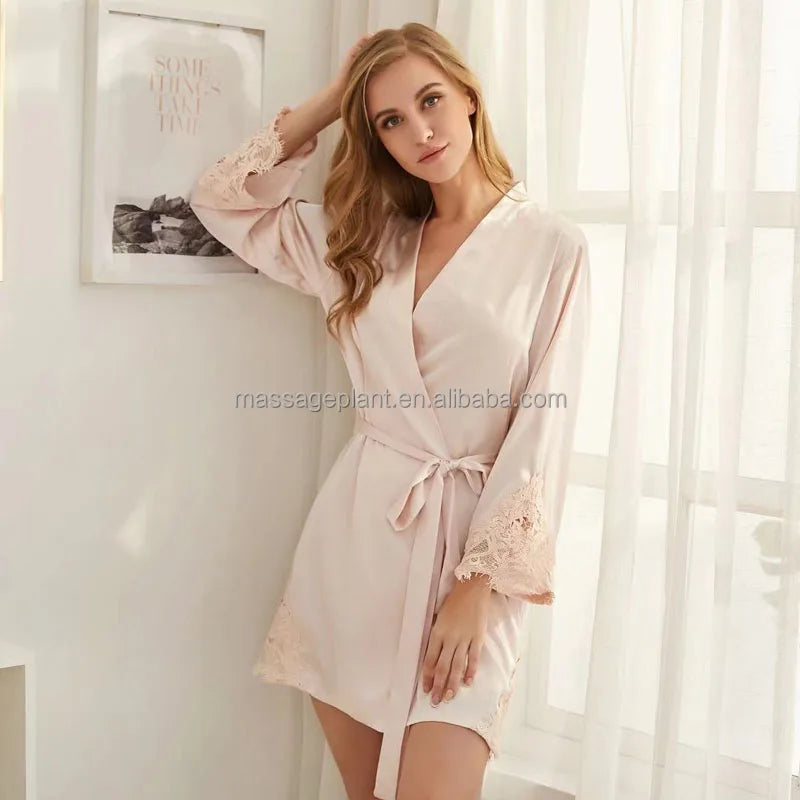 Solid 8209 Braut Hochzeitsroben-Set Damen Nachtwäsche Dreiecksspitze Brautjungfern Satinrobe