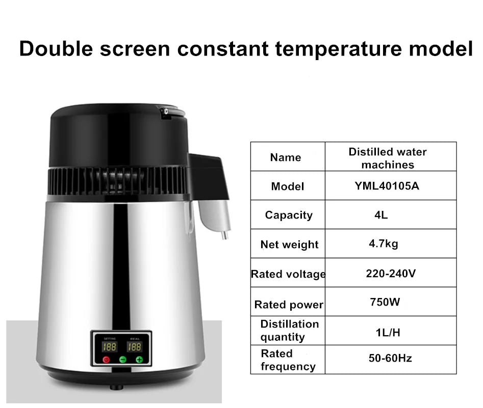 750W 4L Wasser-Destilliergerät Haushalt Destilliertes Reinwassergerät Destillationsreiniger Filter Edelstahl Wasserfilter