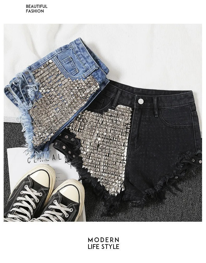 Summer Side Spike Damen-Denim-Shorts 2021 Mode Loose Holes High Waist Jeans High Street Weite Beine Dünne Shorts Damen Hosen