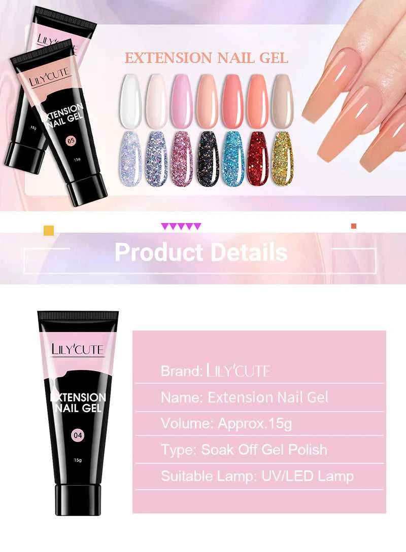 LILYCUTE 15ml Verlängerungsgel-Nagellack-Set Quick Nail Prolong mit Verlängerungsform-Nagelspitzen Acryl-Lösung Maniküre-Werkzeug-Kit