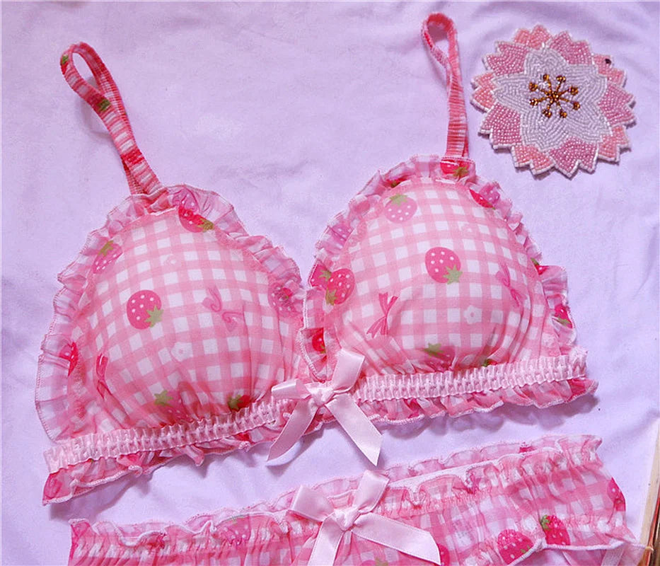 Süßes japanisches BH- und Slip-Unterwäsche-Set Lolita-Mädchen Rosa kariertes Blumen-Mesh Sexy Erdbeer-Print-BH & Höschen Dessous-Set