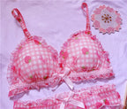 Süßes japanisches BH- und Slip-Unterwäsche-Set Lolita-Mädchen Rosa kariertes Blumen-Mesh Sexy Erdbeer-Print-BH & Höschen Dessous-Set