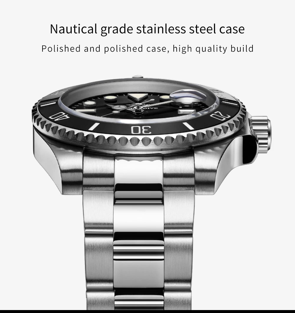 ADDIESDIVE Herren-Uhr klassisch mit Keramiklünette 200m wasserdicht Freizeit Quarz-Uhr BGW9 Blaue Leuchtzeiger Geschenk-Uhr MY-H3-2