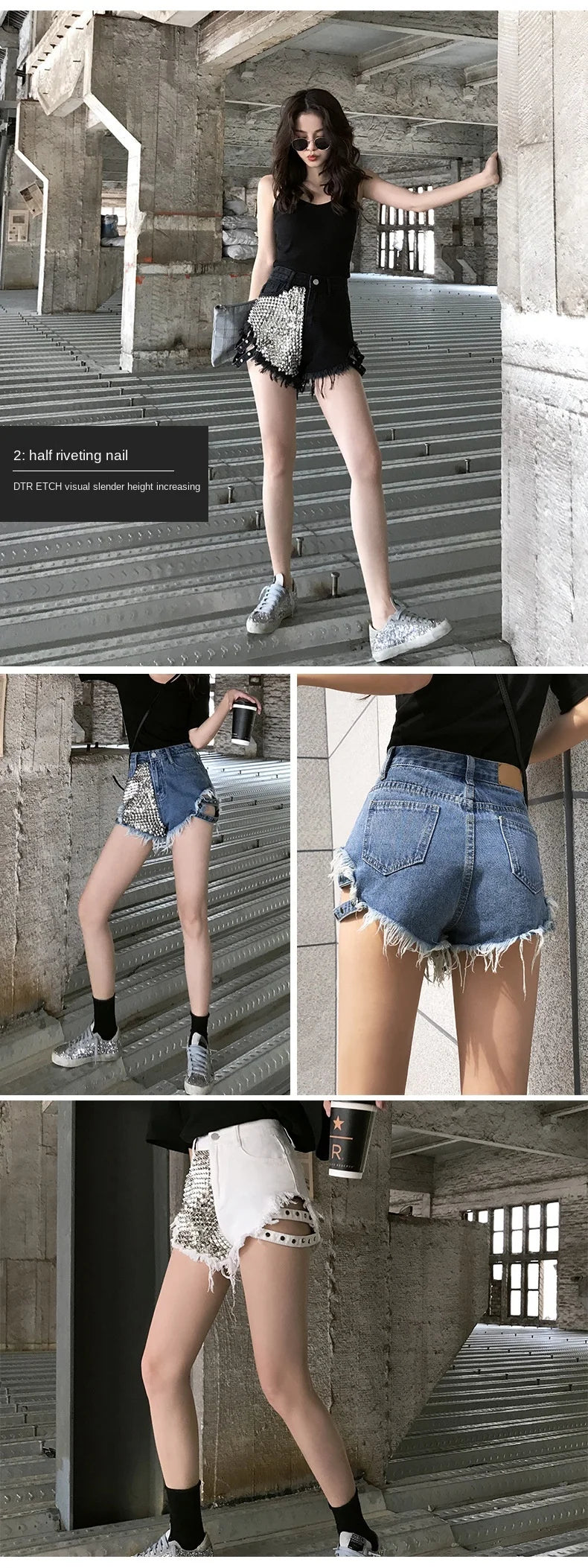 Summer Side Spike Damen-Denim-Shorts 2021 Mode Loose Holes High Waist Jeans High Street Weite Beine Dünne Shorts Damen Hosen