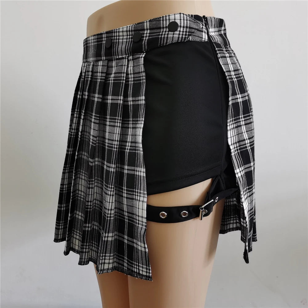 Gefaltete Mädchen Gothic Halbröcke Sommer Harajuku Punk Style Karierte Unregelmäßige Röcke Damen Asymmetrische Hohe Taille Schwarze Röcke