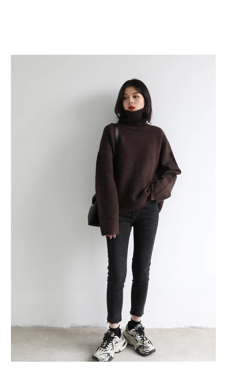 CHIC VEN Koreanischer Damen Pullover Lockerer Rollkragenpullover Warme Einfarbige Pullover Strickwaren Basic Female Tops Herbst Winter 2022
