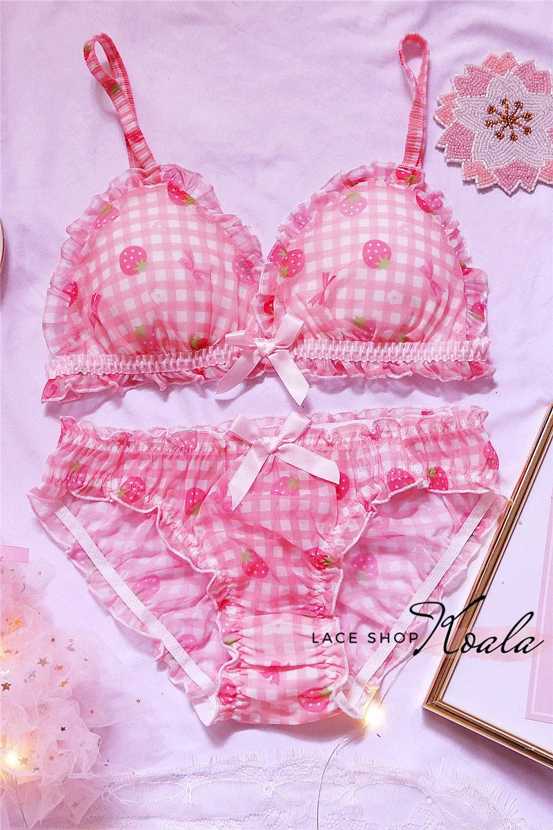 Süßes japanisches BH- und Slip-Unterwäsche-Set Lolita-Mädchen Rosa kariertes Blumen-Mesh Sexy Erdbeer-Print-BH & Höschen Dessous-Set