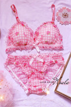 Süßes japanisches BH- und Slip-Unterwäsche-Set Lolita-Mädchen Rosa kariertes Blumen-Mesh Sexy Erdbeer-Print-BH & Höschen Dessous-Set