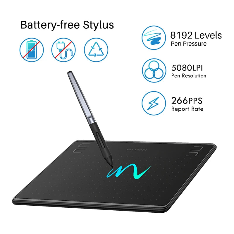 HUION HS64 Grafiktablett 6 Zoll Zeichentabletten Digitales Stift-Pad Schreib- und Zeichentafel 8192 Stifte für Android Windows Mac Laptop