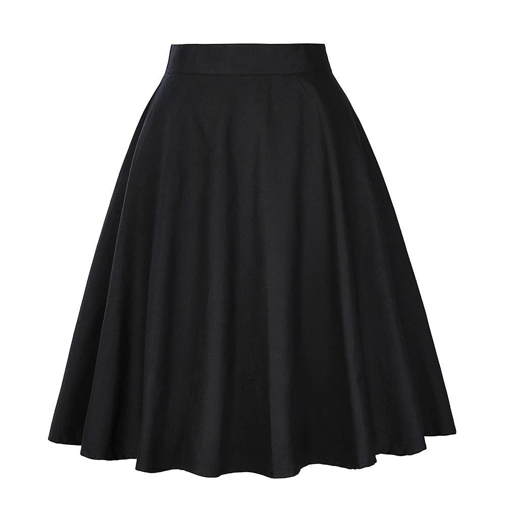 Damen-Laufsteg Baumwolle Retro Vintage Rock Schwarz Faldas High Waist A-Linie Rockabilly Jupe 50er Swing Tellerrock Pin Up Skater