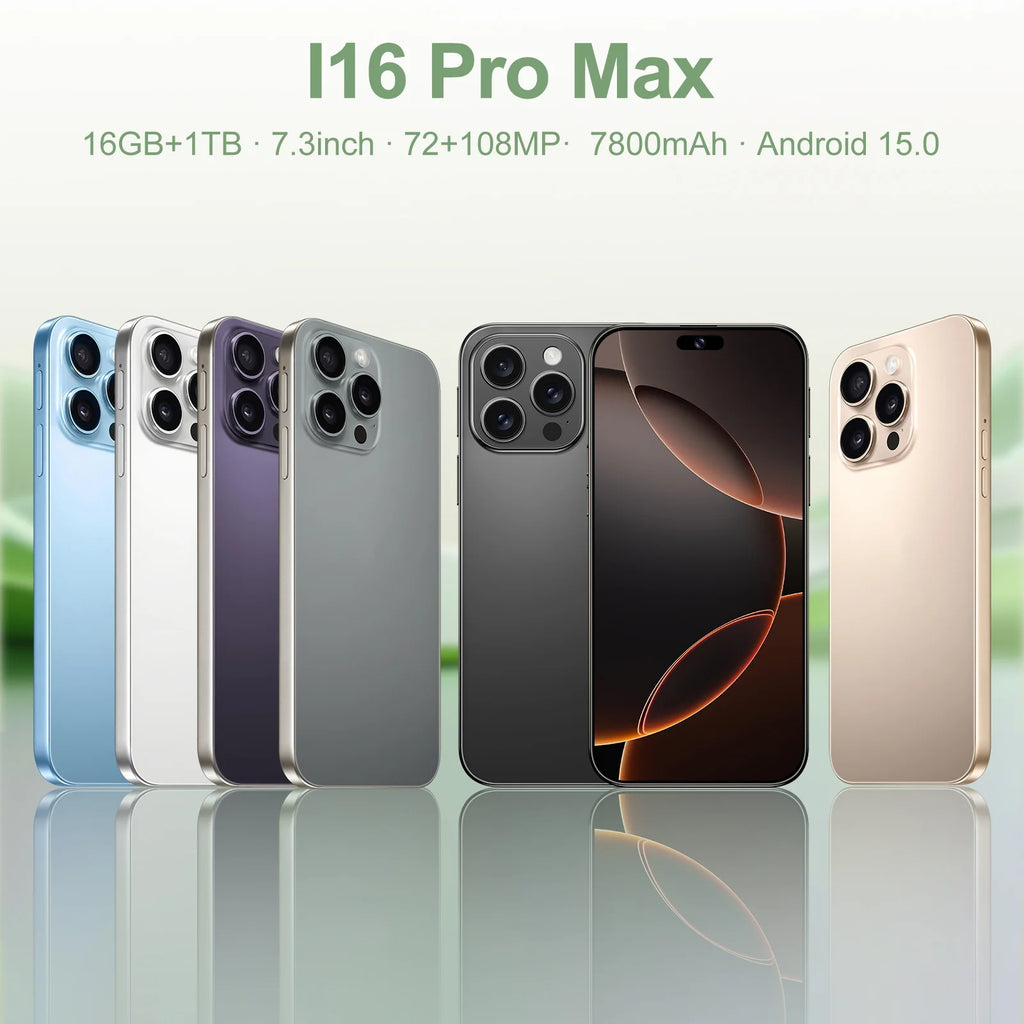 Neues I16 Pro Max grenzüberschreitendes exklusives 5G-Telefon, 7,3-Zoll-Bildschirm, Android 15.0, Dual-SIM, Auslandsversion, Direktvertriebsquelle