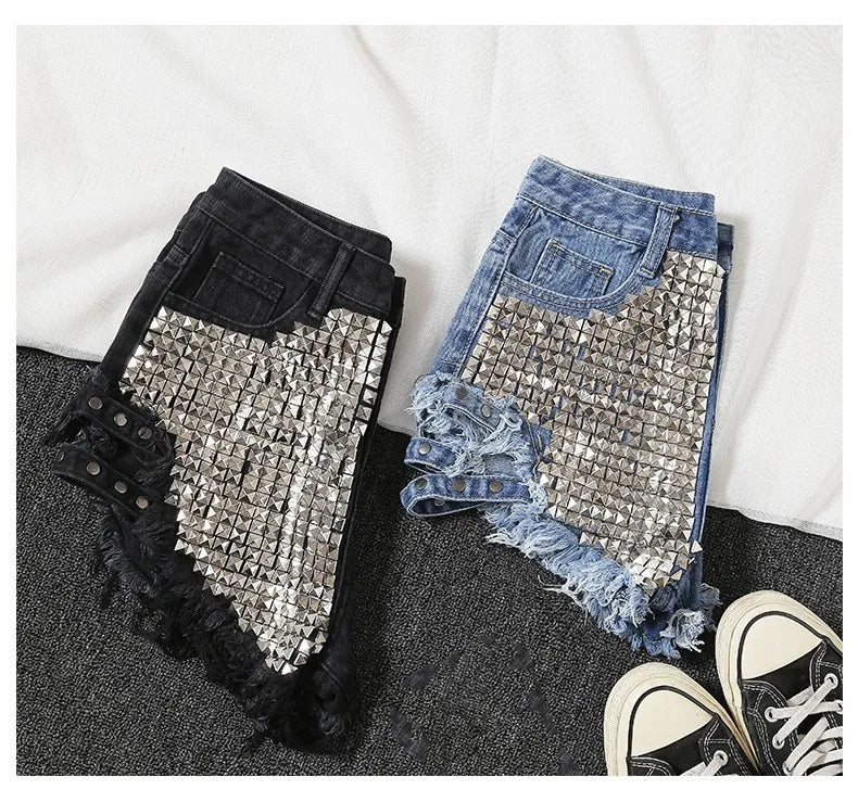 Summer Side Spike Damen-Denim-Shorts 2021 Mode Loose Holes High Waist Jeans High Street Weite Beine Dünne Shorts Damen Hosen