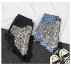 Summer Side Spike Damen-Denim-Shorts 2021 Mode Loose Holes High Waist Jeans High Street Weite Beine Dünne Shorts Damen Hosen