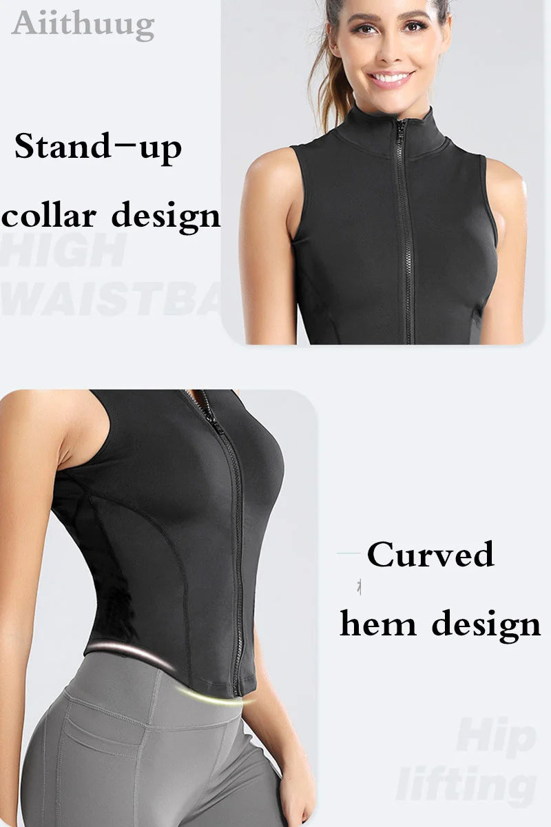Aiithuug Athletic Reißverschluss-Sweatweste Jacke Ärmellose Lauf-Yoga-Tops Stehkragen-Shirts Sport-Top Fitness Damen Workout-Tops