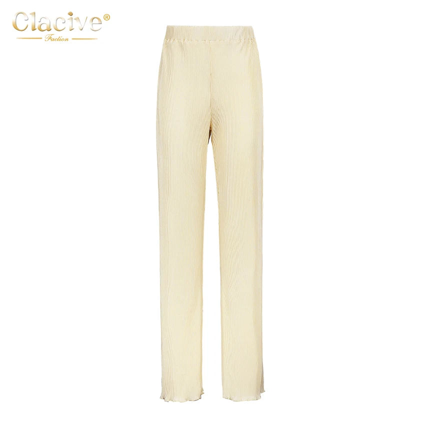 Clacive Lässiger locker sitzender Hausanzug Herbst Langarmbluse mit High-Waist-Hose Set Damen Elegantes plissiertes beiges 2-teiliges Hosenset