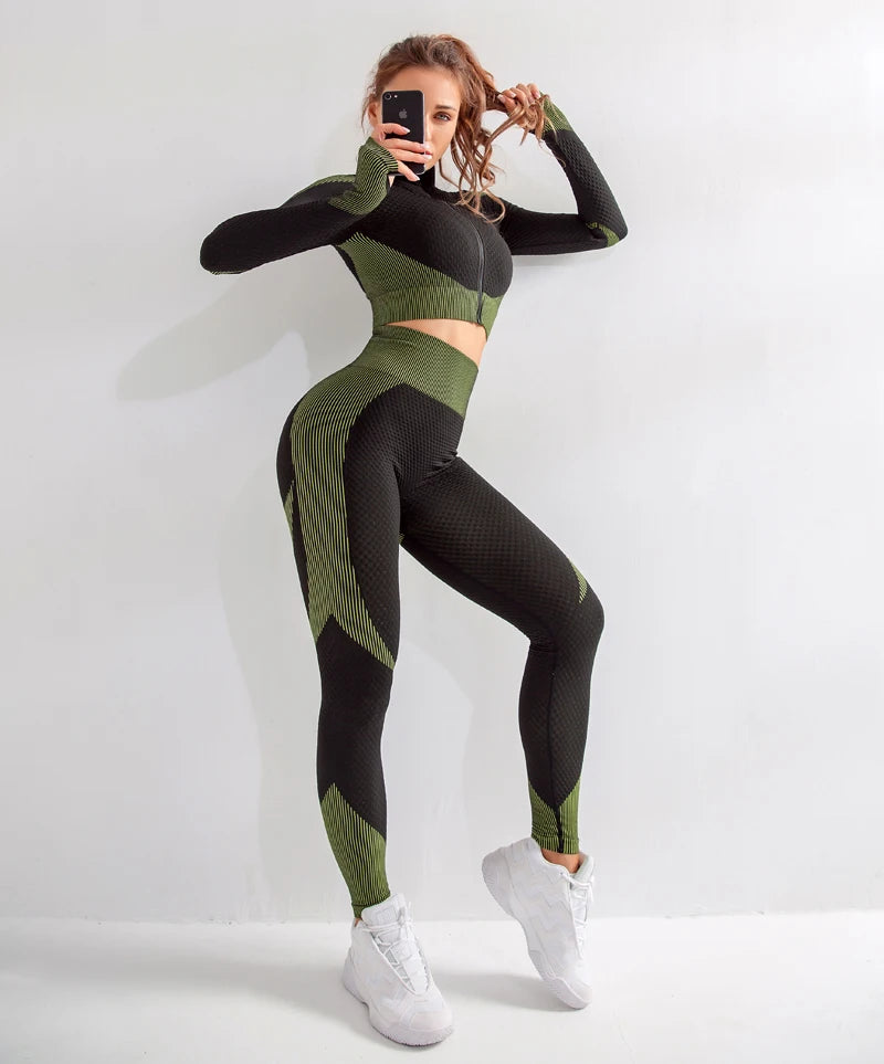 2/3tlg Damen Yoga Anzug Nahtlos Gestrickte Yogahose Leggings Kleidung Reißverschluss Langarm Crop Top Fitnesskleidung Sportbekleidung Gym Set