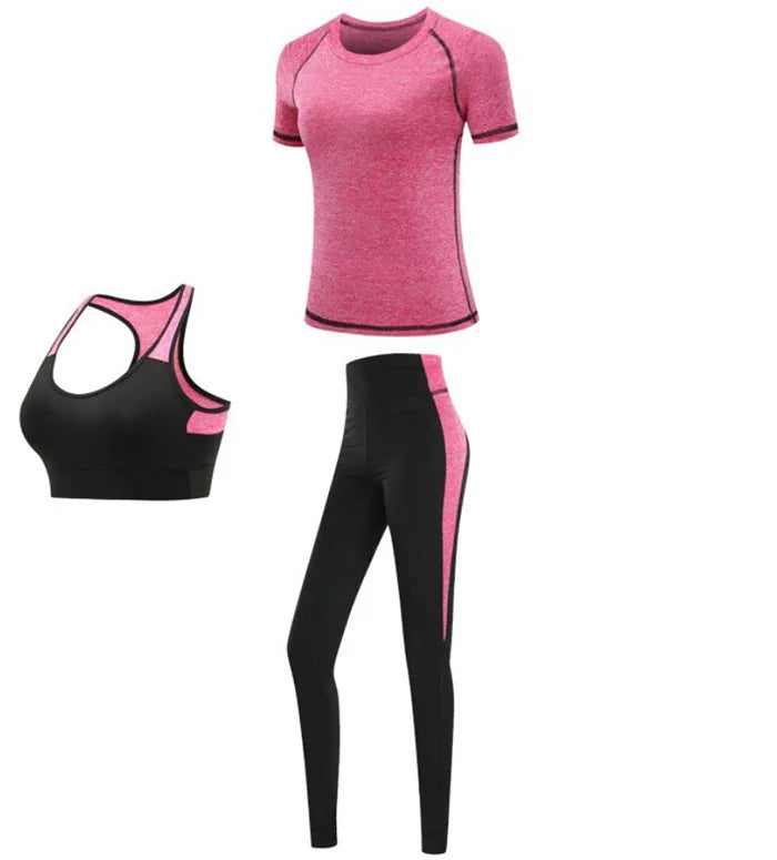 Schnell trocknende Damen Sportbekleidung Yoga-Set Fitnessstudio Yoga-Kleidung Anzugsets Mantel+BH+T-Shirt+Leggings 2019 Workout Laufen Training