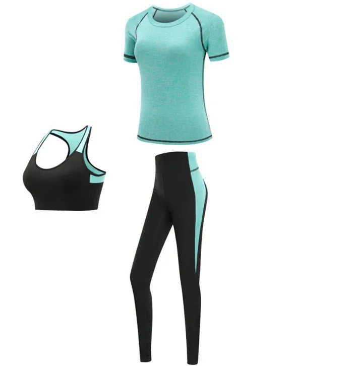 Schnell trocknende Damen Sportbekleidung Yoga-Set Fitnessstudio Yoga-Kleidung Anzugsets Mantel+BH+T-Shirt+Leggings 2019 Workout Laufen Training