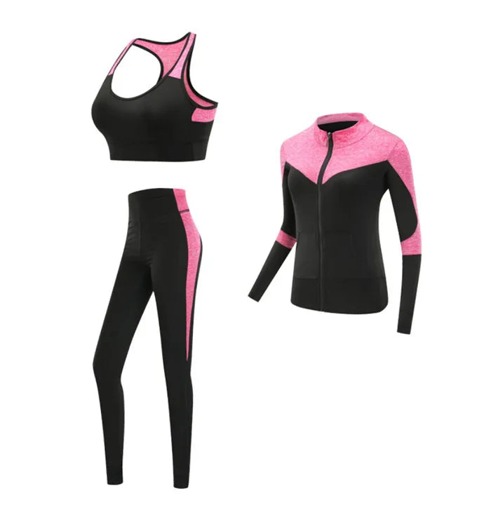Schnell trocknende Damen Sportbekleidung Yoga-Set Fitnessstudio Yoga-Kleidung Anzugsets Mantel+BH+T-Shirt+Leggings 2019 Workout Laufen Training