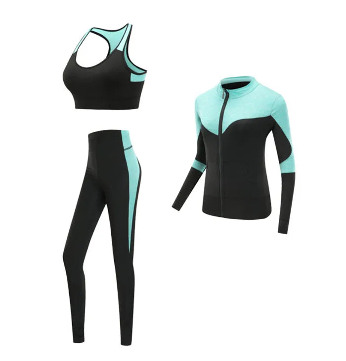 Schnell trocknende Damen Sportbekleidung Yoga-Set Fitnessstudio Yoga-Kleidung Anzugsets Mantel+BH+T-Shirt+Leggings 2019 Workout Laufen Training