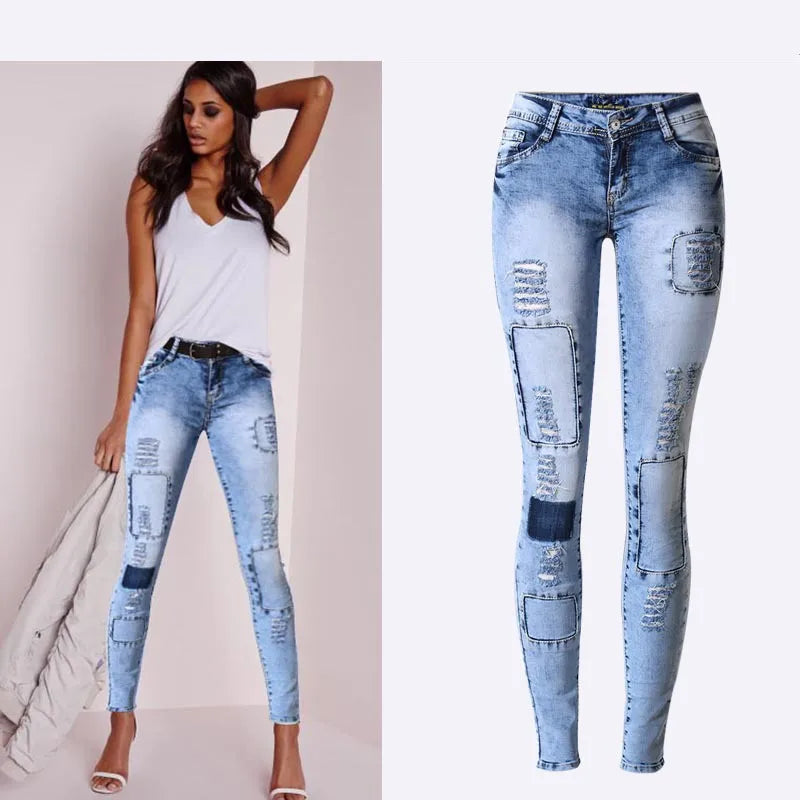 Sommer Stil Low Waist Hellblau Patchwork Skinny Tights Damen Bleistift Jeans Hoher Stretch Sexy Push Up Denim Damen Fashion Jeans