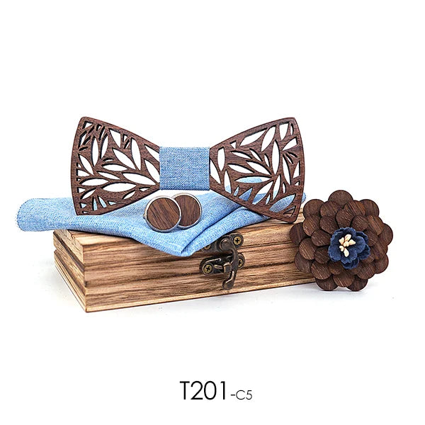 Wooden Bow Tie Handerchief Set Wood bowtie cufflinks floral ties Lapel flower brooch corbata Gravata tie for men noeud papillon