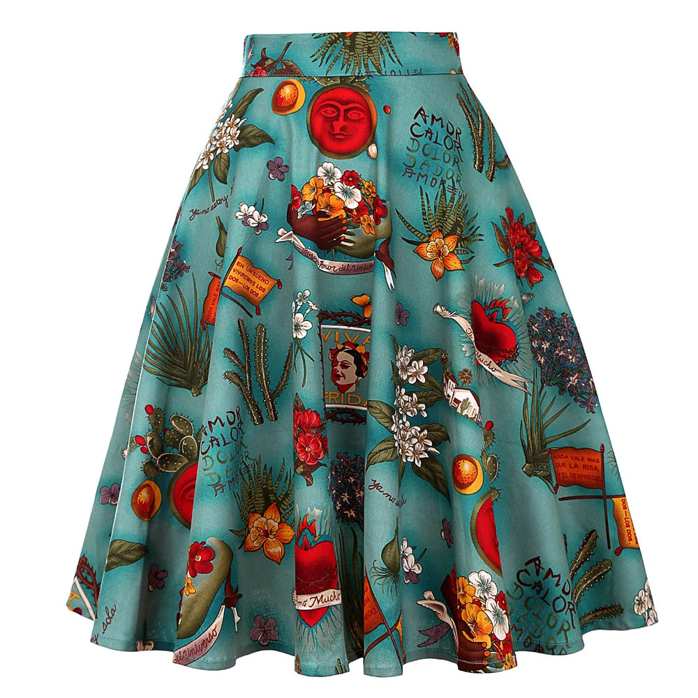 Damen-Laufsteg Baumwolle Retro Vintage Rock Schwarz Faldas High Waist A-Linie Rockabilly Jupe 50er Swing Tellerrock Pin Up Skater