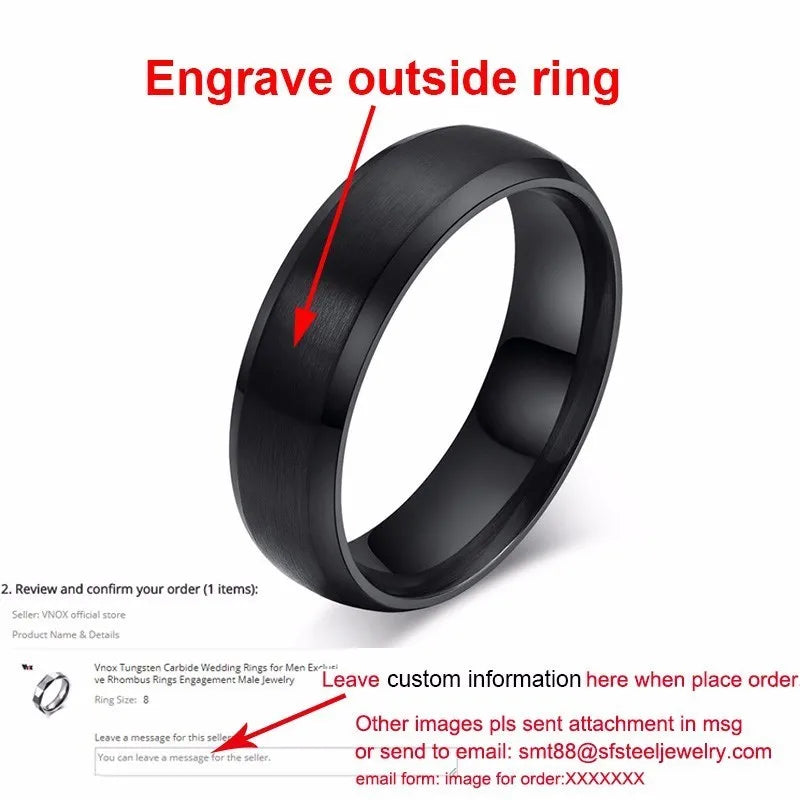 Vnox Personalisierter Edelstahlring mit abgeschrägter Kante und gebürsteter Mitte für Herren und Damen, schwarzer Ehering, individueller Namensbuchstaben-Datum-Ring