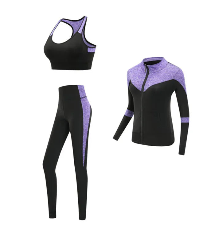 Schnell trocknende Damen Sportbekleidung Yoga-Set Fitnessstudio Yoga-Kleidung Anzugsets Mantel+BH+T-Shirt+Leggings 2019 Workout Laufen Training