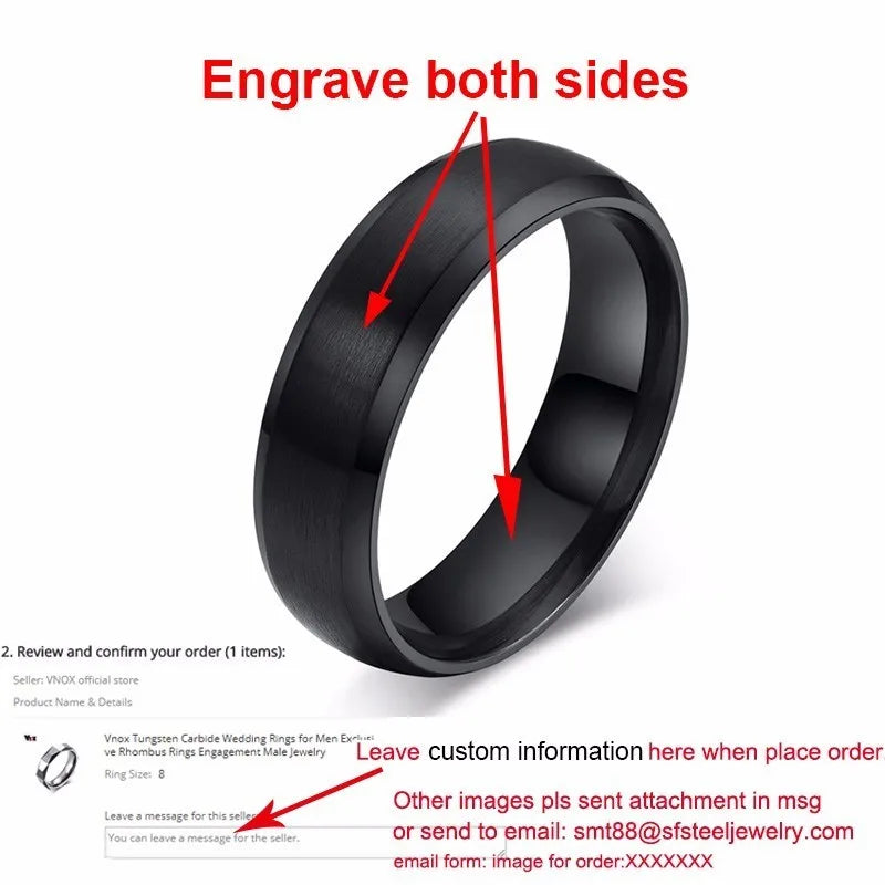 Vnox Personalisierter Edelstahlring mit abgeschrägter Kante und gebürsteter Mitte für Herren und Damen, schwarzer Ehering, individueller Namensbuchstaben-Datum-Ring