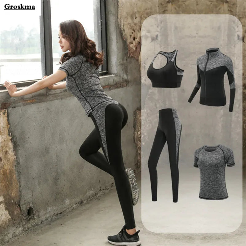 Schnell trocknende Damen Sportbekleidung Yoga-Set Fitnessstudio Yoga-Kleidung Anzugsets Mantel+BH+T-Shirt+Leggings 2019 Workout Laufen Training