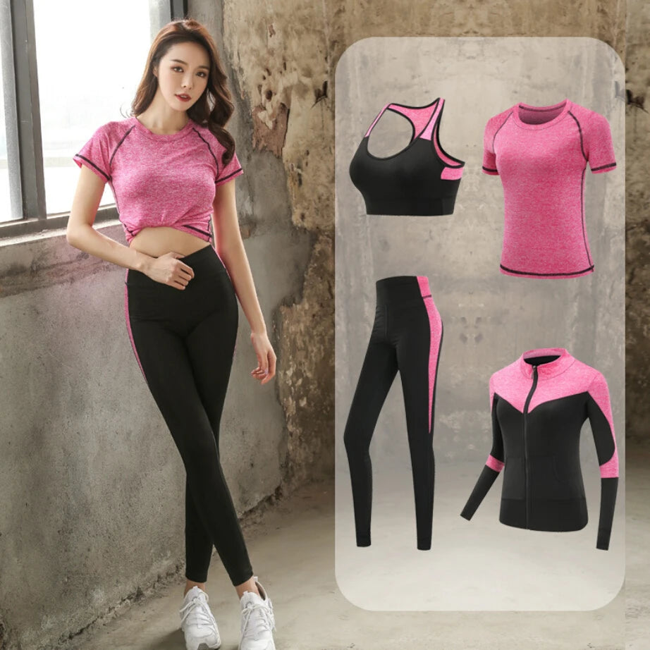 Schnell trocknende Damen Sportbekleidung Yoga-Set Fitnessstudio Yoga-Kleidung Anzugsets Mantel+BH+T-Shirt+Leggings 2019 Workout Laufen Training