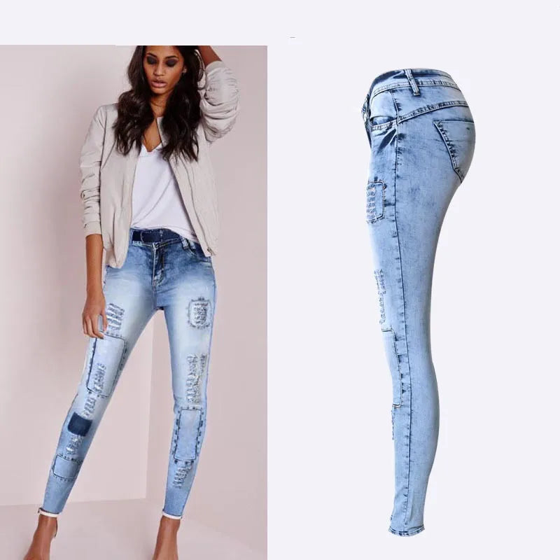 Sommer Stil Low Waist Hellblau Patchwork Skinny Tights Damen Bleistift Jeans Hoher Stretch Sexy Push Up Denim Damen Fashion Jeans