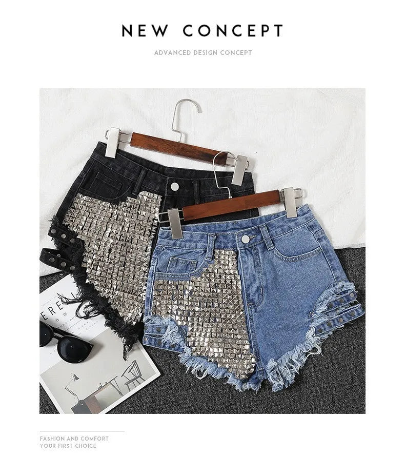 Summer Side Spike Damen-Denim-Shorts 2021 Mode Loose Holes High Waist Jeans High Street Weite Beine Dünne Shorts Damen Hosen