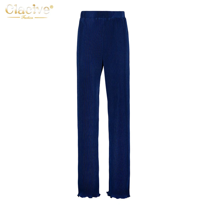 Clacive Lässiger locker sitzender Hausanzug Herbst Langarmbluse mit High-Waist-Hose Set Damen Elegantes plissiertes beiges 2-teiliges Hosenset