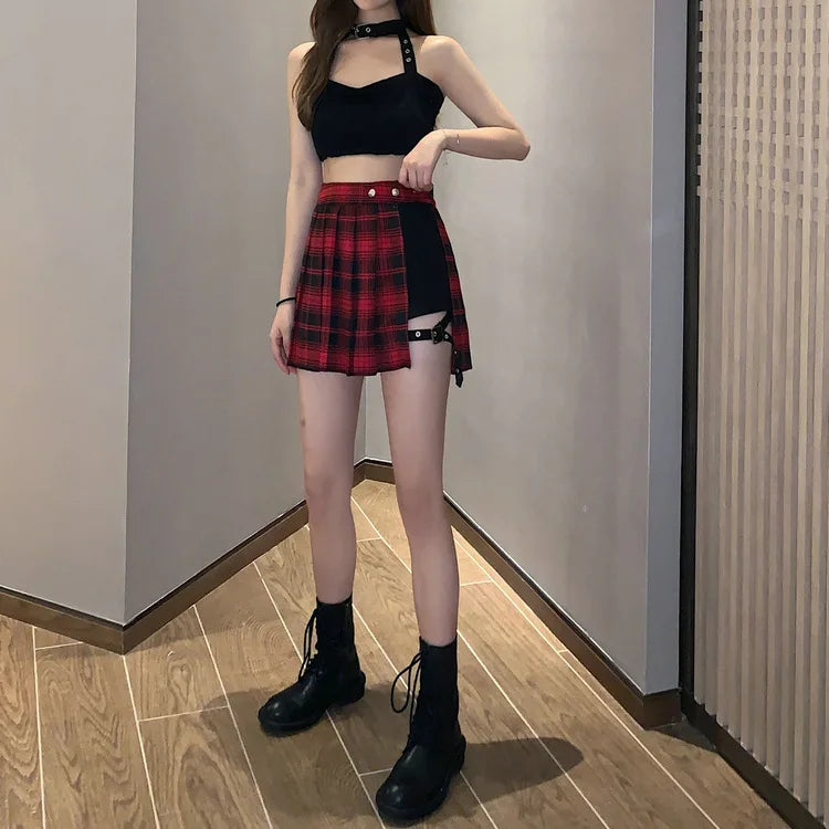 Sommer Harajuku Punk-Stil Karierte unregelmäßige Röcke Damen Asymmetrische High-Waist Schwarze Röcke Plissierte Mädchen Gothic Halbröcke