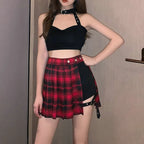 Gefaltete Mädchen Gothic Halbröcke Sommer Harajuku Punk Style Karierte Unregelmäßige Röcke Damen Asymmetrische Hohe Taille Schwarze Röcke