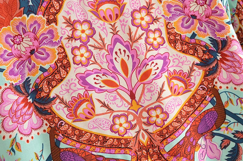 Happie Queens Floral Print Sashes Short  Kimono Women Fashion V Neck Batwing Sleeves Robe Lady Boho Bikini Cover-ups