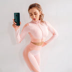 2/3tlg Damen Yoga Anzug Nahtlos Gestrickte Yogahose Leggings Kleidung Reißverschluss Langarm Crop Top Fitnesskleidung Sportbekleidung Gym Set