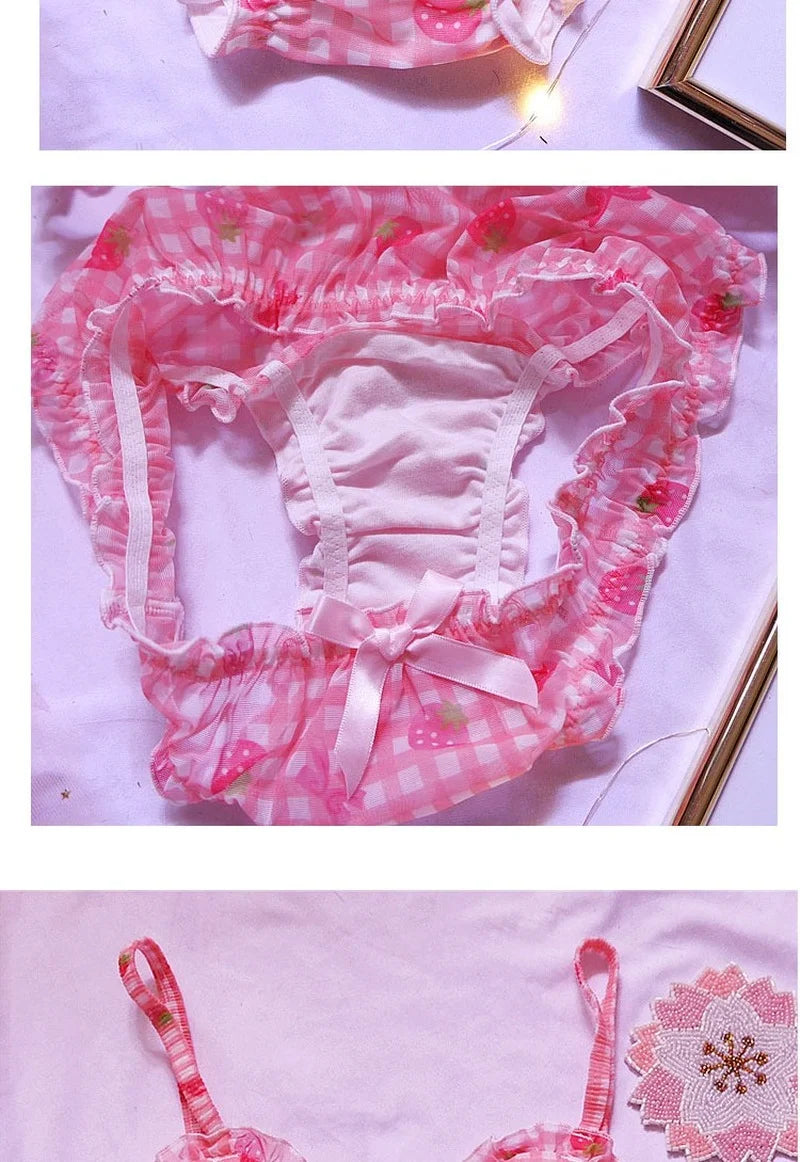 Süßes japanisches BH- und Slip-Unterwäsche-Set Lolita-Mädchen Rosa kariertes Blumen-Mesh Sexy Erdbeer-Print-BH & Höschen Dessous-Set