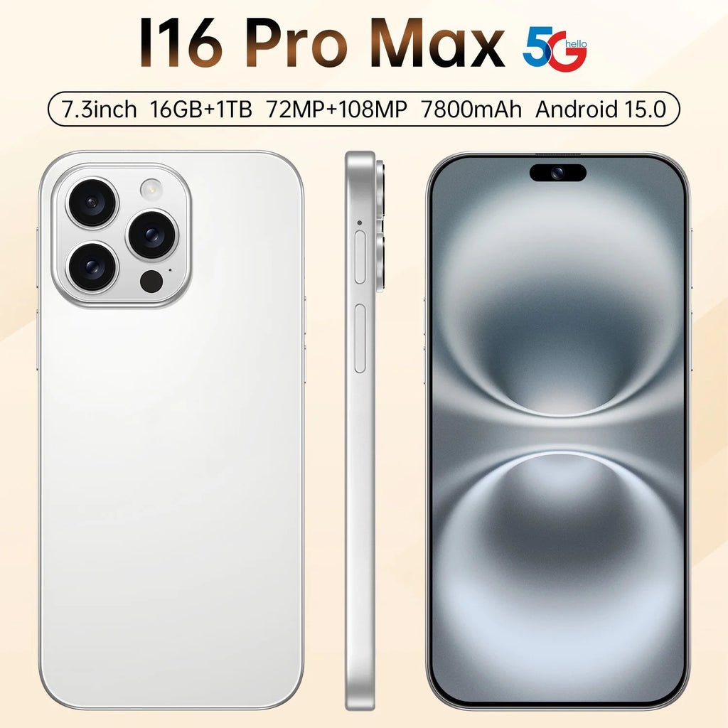Neues I16 Pro Max grenzüberschreitendes exklusives 5G-Telefon, 7,3-Zoll-Bildschirm, Android 15.0, Dual-SIM, Auslandsversion, Direktvertriebsquelle