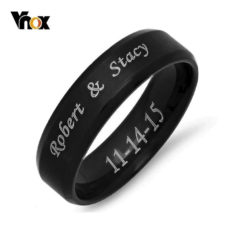 Vnox Personalisierter Edelstahlring mit abgeschrägter Kante und gebürsteter Mitte für Herren und Damen, schwarzer Ehering, individueller Namensbuchstaben-Datum-Ring Hauptbild