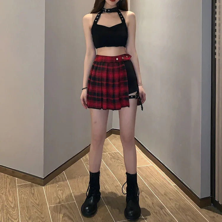 Sommer Harajuku Punk-Stil Karierte unregelmäßige Röcke Damen Asymmetrische High-Waist Schwarze Röcke Plissierte Mädchen Gothic Halbröcke
