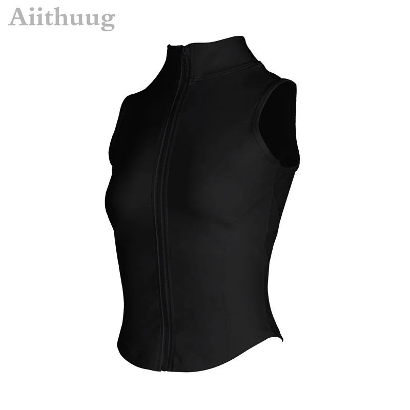 Aiithuug Athletic Reißverschluss-Sweatweste Jacke Ärmellose Lauf-Yoga-Tops Stehkragen-Shirts Sport-Top Fitness Damen Workout-Tops