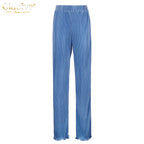 Clacive Lässiger locker sitzender Hausanzug Herbst Langarmbluse mit High-Waist-Hose Set Damen Elegantes plissiertes beiges 2-teiliges Hosenset