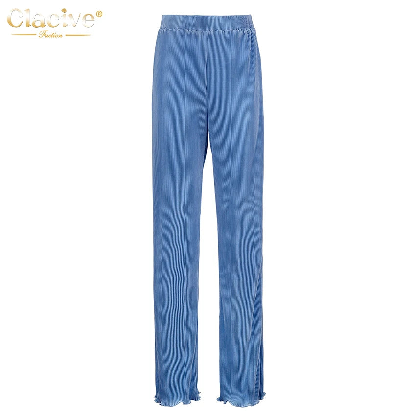 Clacive Lässiger locker sitzender Hausanzug Herbst Langarmbluse mit High-Waist-Hose Set Damen Elegantes plissiertes beiges 2-teiliges Hosenset