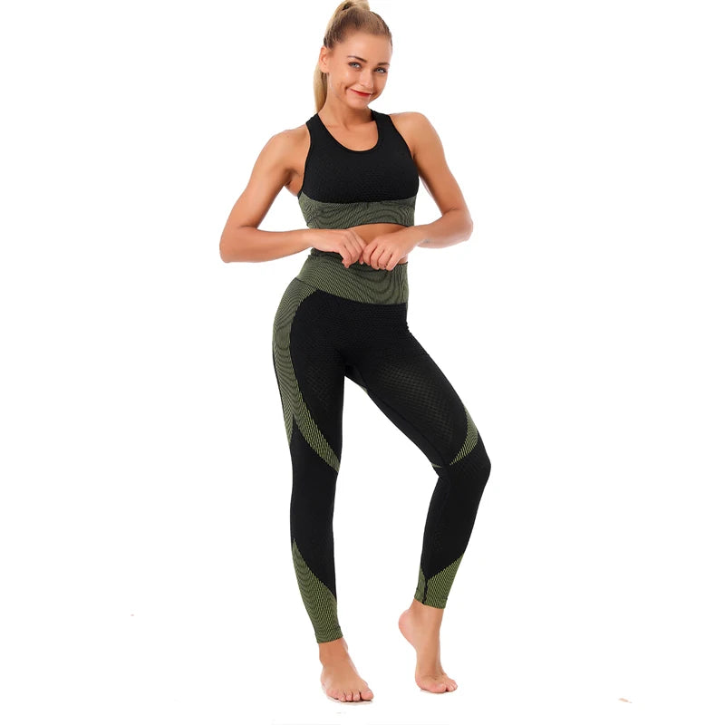 2/3tlg Damen Yoga Anzug Nahtlos Gestrickte Yogahose Leggings Kleidung Reißverschluss Langarm Crop Top Fitnesskleidung Sportbekleidung Gym Set