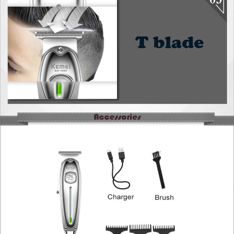 Kemei 1949 Ganzmetall-Haarschneider Professioneller Clipper für Friseure Wiederaufladbarer Elektrischer Herren-Bartrasierer Haarschneidemaschine