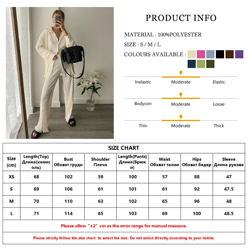 Clacive Lässiger locker sitzender Hausanzug Herbst Langarmbluse mit High-Waist-Hose Set Damen Elegantes plissiertes beiges 2-teiliges Hosenset